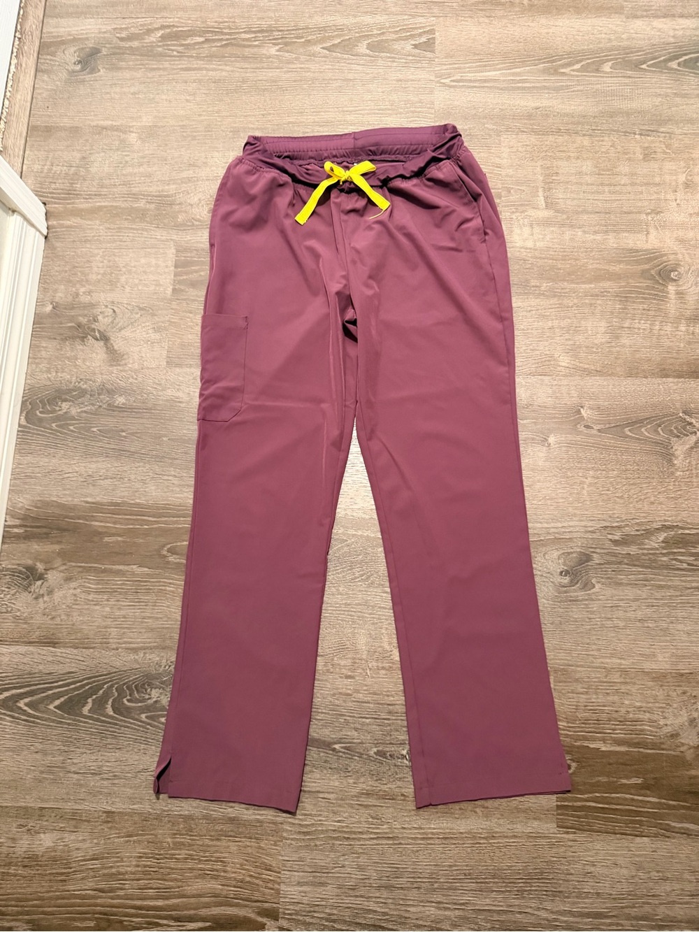 Women's Straight Leg Drawstring Pants in Eggplant with Yellow Tie
